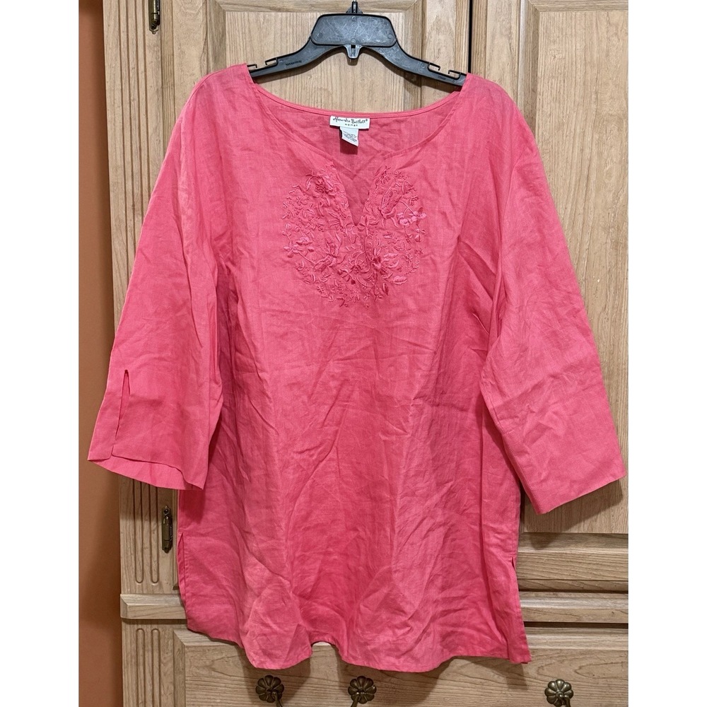 Alexandra Bartlett 100% Linen Top Tunic Women's Sz 24W Pink Floral Embroidered